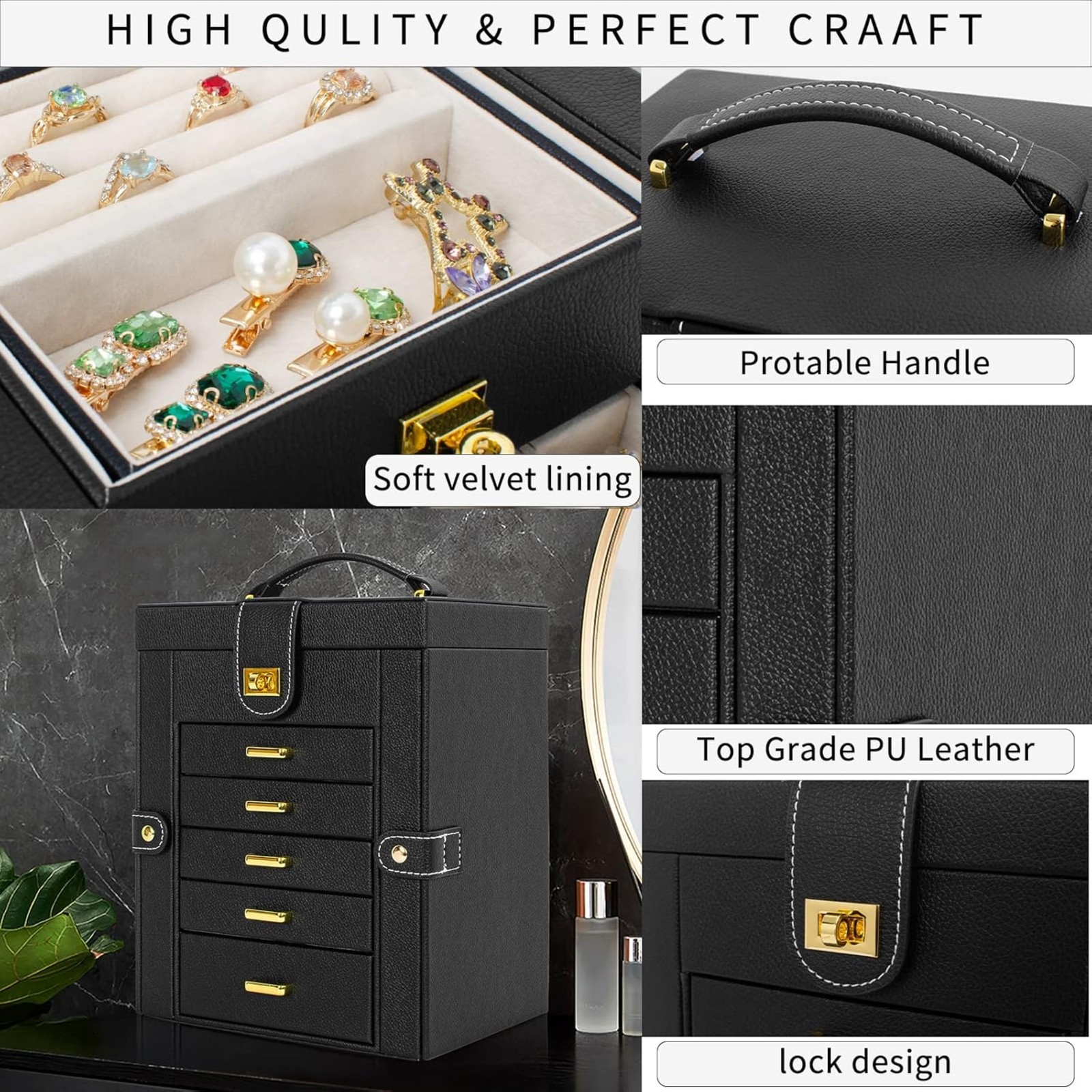 Jewelry Box Organizer Functional Leather Jewelry Storage Case for Women Girls