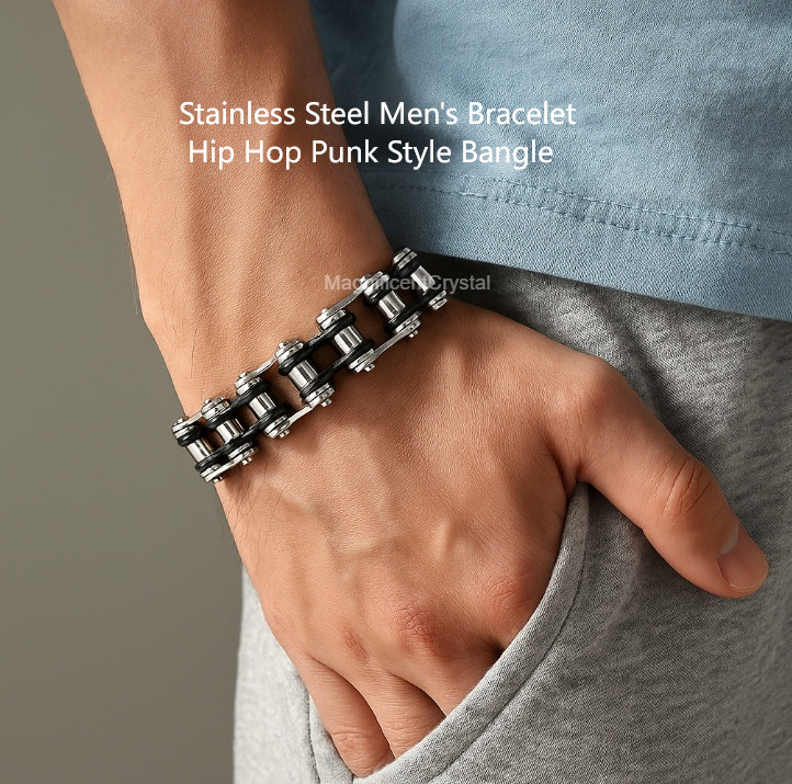 Stainless Steel Mens Bracelet Hip Hop Punk Style Bangle Heavy Duty Wrist Chain