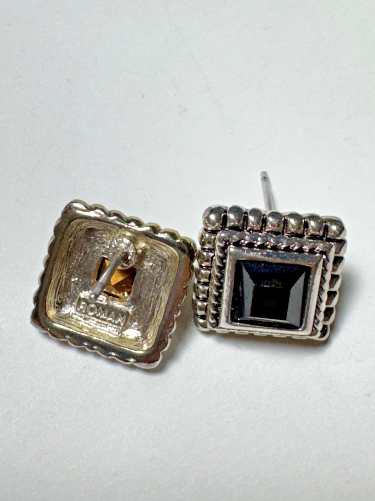 Roman Black Crystal Square Stud Earrings Silver Tone Art Deco Pierced