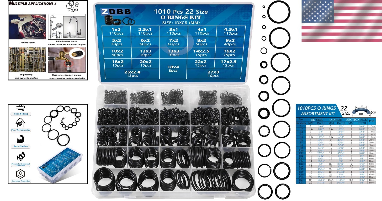 Universal 1010-Pc O-Ring Set in Nitrile Rubber – 22 Sizes for All Applications