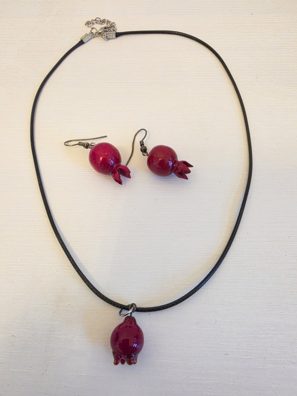 Handcrafted Red and Black pomegranate Necklace Earrings Jewelry Set from Armenia