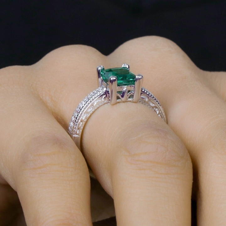 Lab Grown Emerald Ring With Cz Stone, 925 Sterling Silver White Gold Plated.