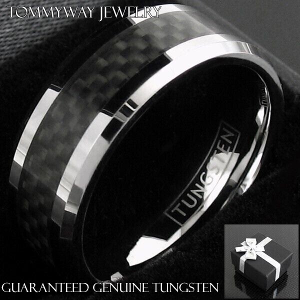 Tungsten Carbide Men’s Ring Silver with Black Carbon Fiber Stripe Wedding Band