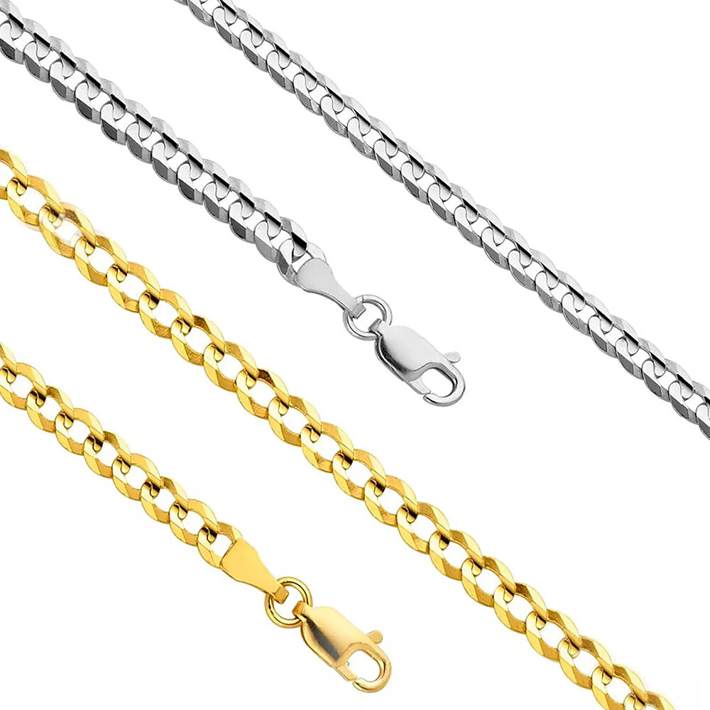 14K Real Solid Gold 2.5-4.5mm Cuban Curb Chain Necklace with Lobster Claw Clasp