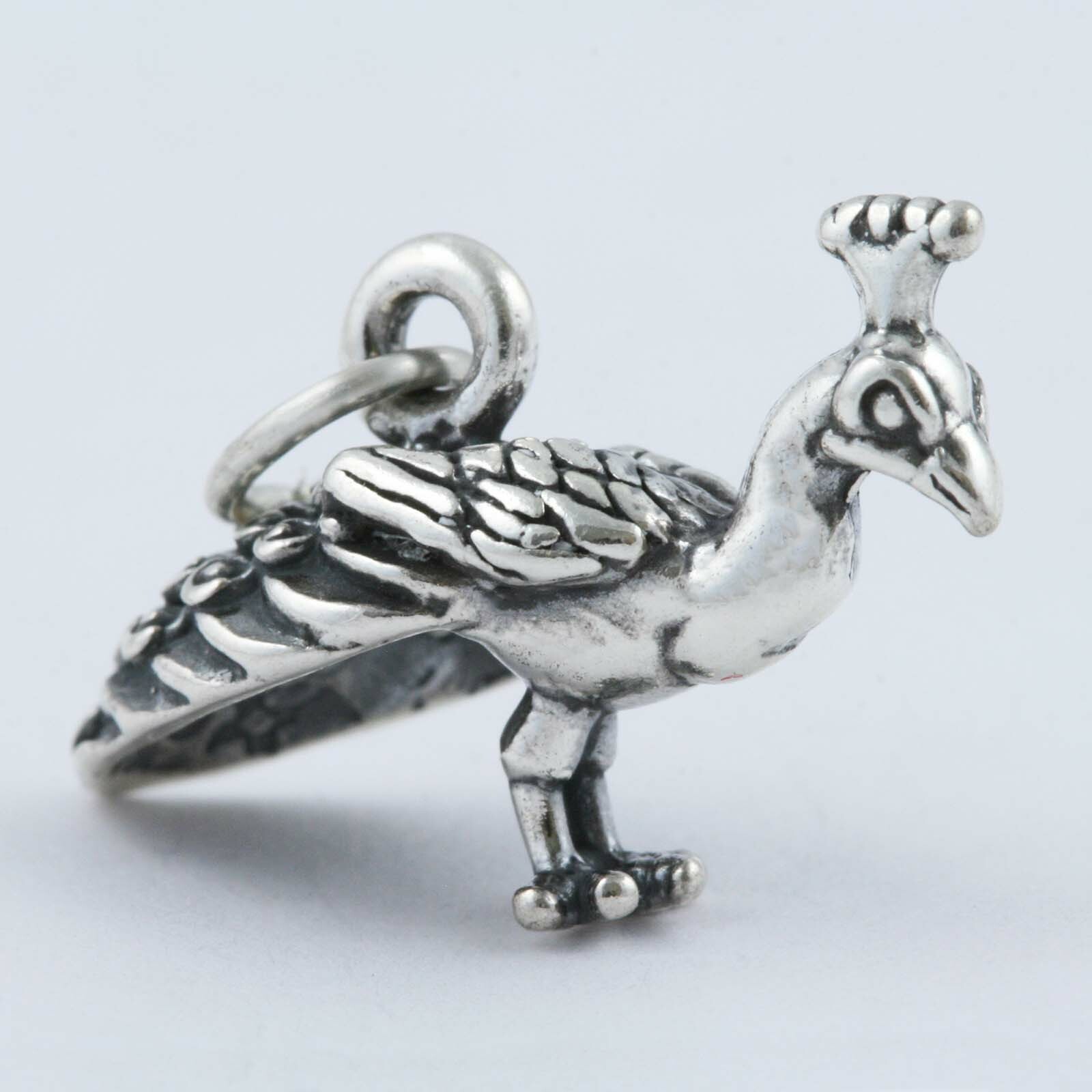 Peacock Bird Male Peafowl 3D 925 Sterling Silver Charm Pendant MADE IN USA