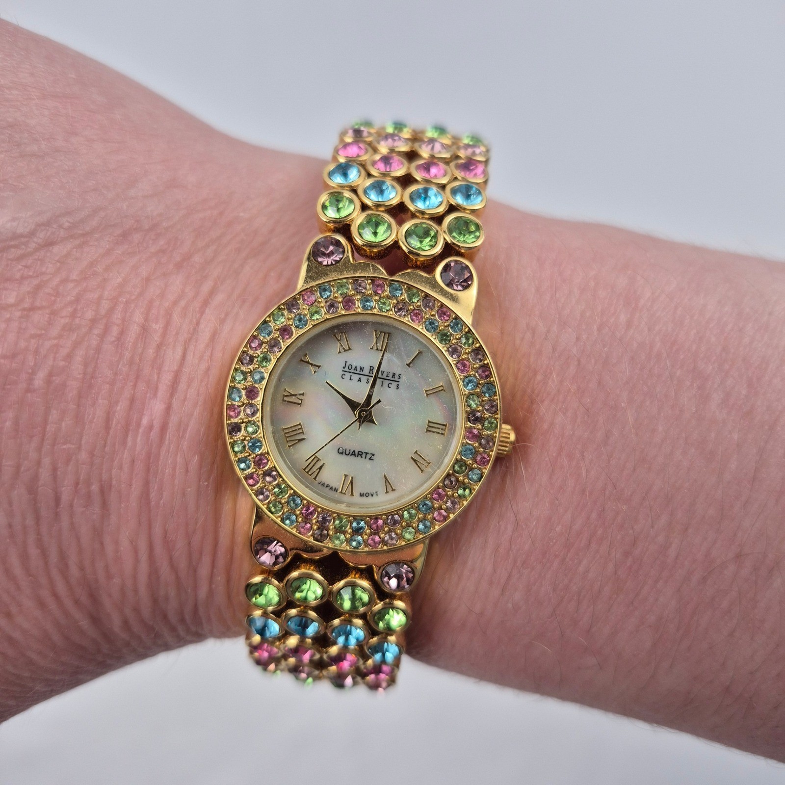 Joan Rivers Classics Gold Tone Rainbow Crystal Bangle Watch V377 Untested