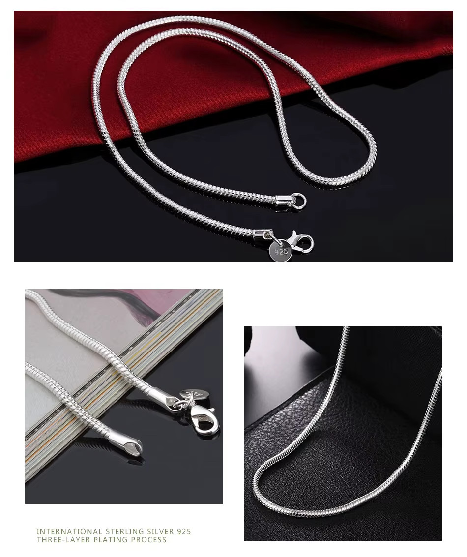 18″ SNAKE CHAIN STERLING SILVER LOBSTER CLASP CHARM NECKLACE 3MM WITH POUCH!