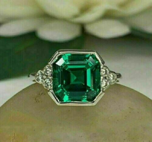 2Ct Lab Created Asscher Green Emerald Engagement Ring 14K White Gold Finish