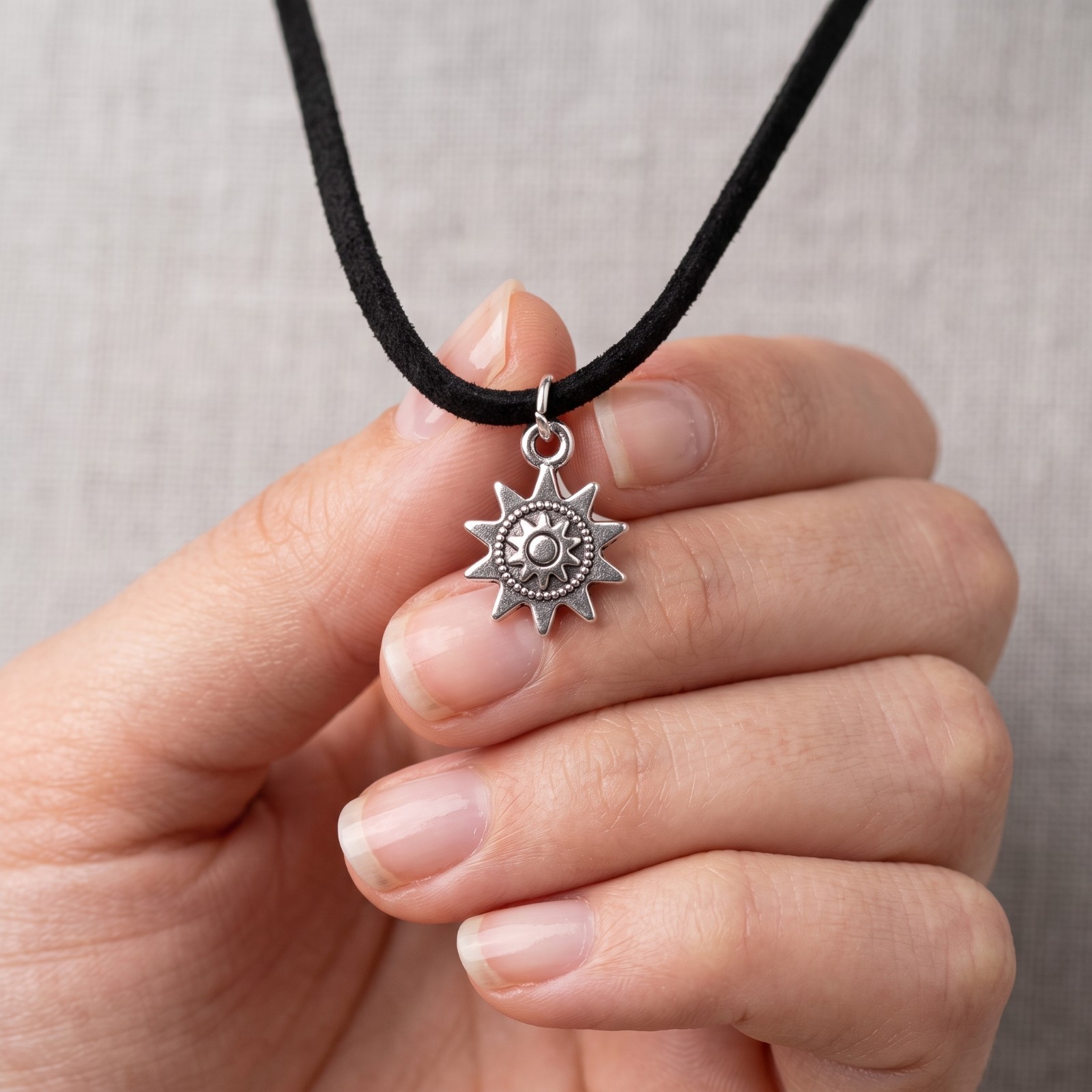 Silver Tone Sun Pendant Black Cord Choker Necklace Adjustable Boho Neclace