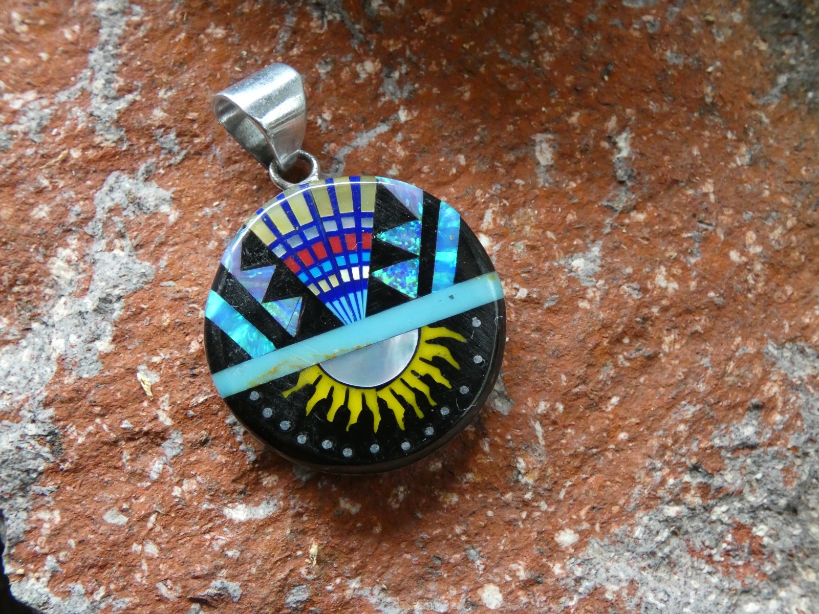 Southwestern Sun Multi Gemstone Opal Aluminum Sterling Silver Alloy Pendant AT1