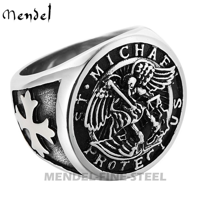 MENDEL Mens Stainless Steel Catholic Archangel St Saint Michael Ring Size 7-15