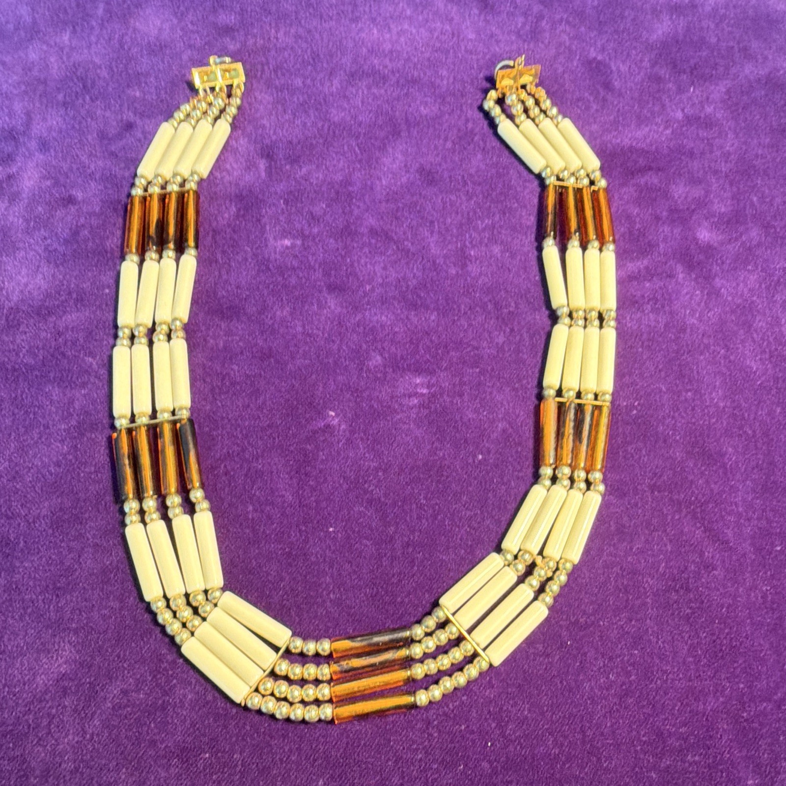 Multi-Strand Beaded Choker Necklace, White & Amber Tube Beads, Hook Closure
