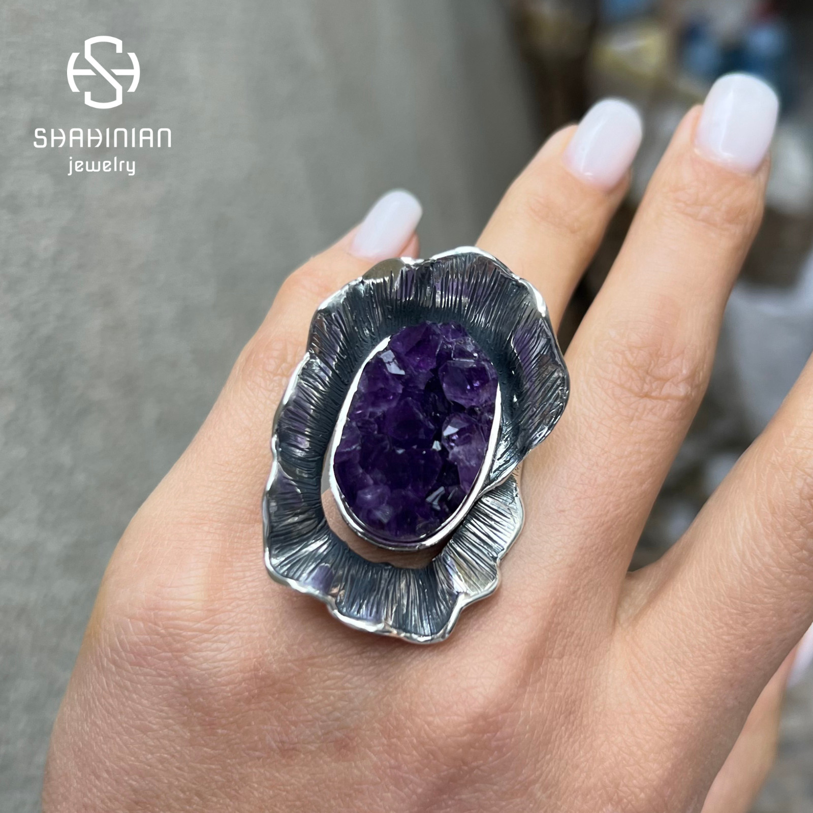 Big flower Raw Amethyst Ring Sterling Silver Purple Druzy large ring, Armenia