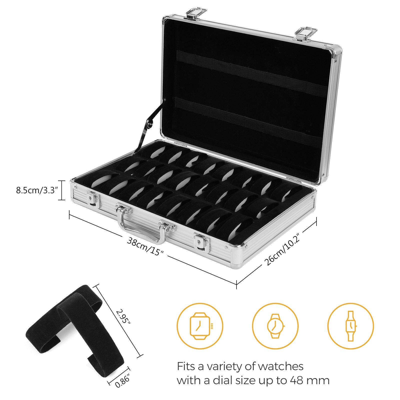 Lockable Aluminum Watch Organizer Case 24+8 Slot Padded Display Storage Suitcase