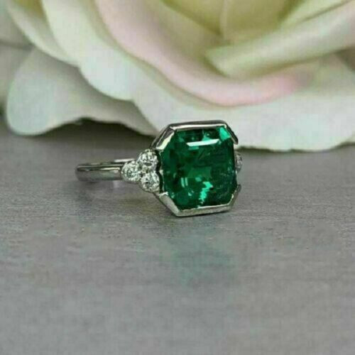 2Ct Lab Created Asscher Green Emerald Engagement Ring 14K White Gold Finish