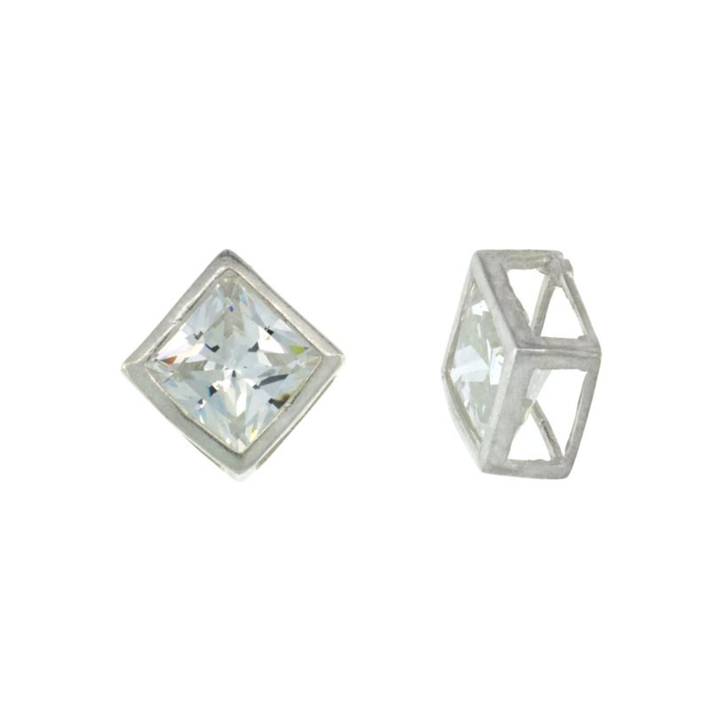 925 Sterling Silver Square Plain CZ Pendant Slide 15/32 (12mm) Inch Tall