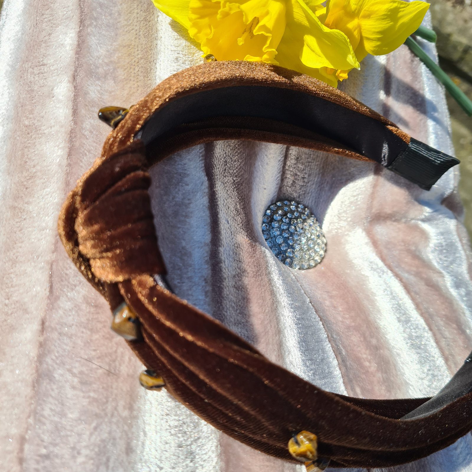 Brown velvet knotted headband with tiger eye chips