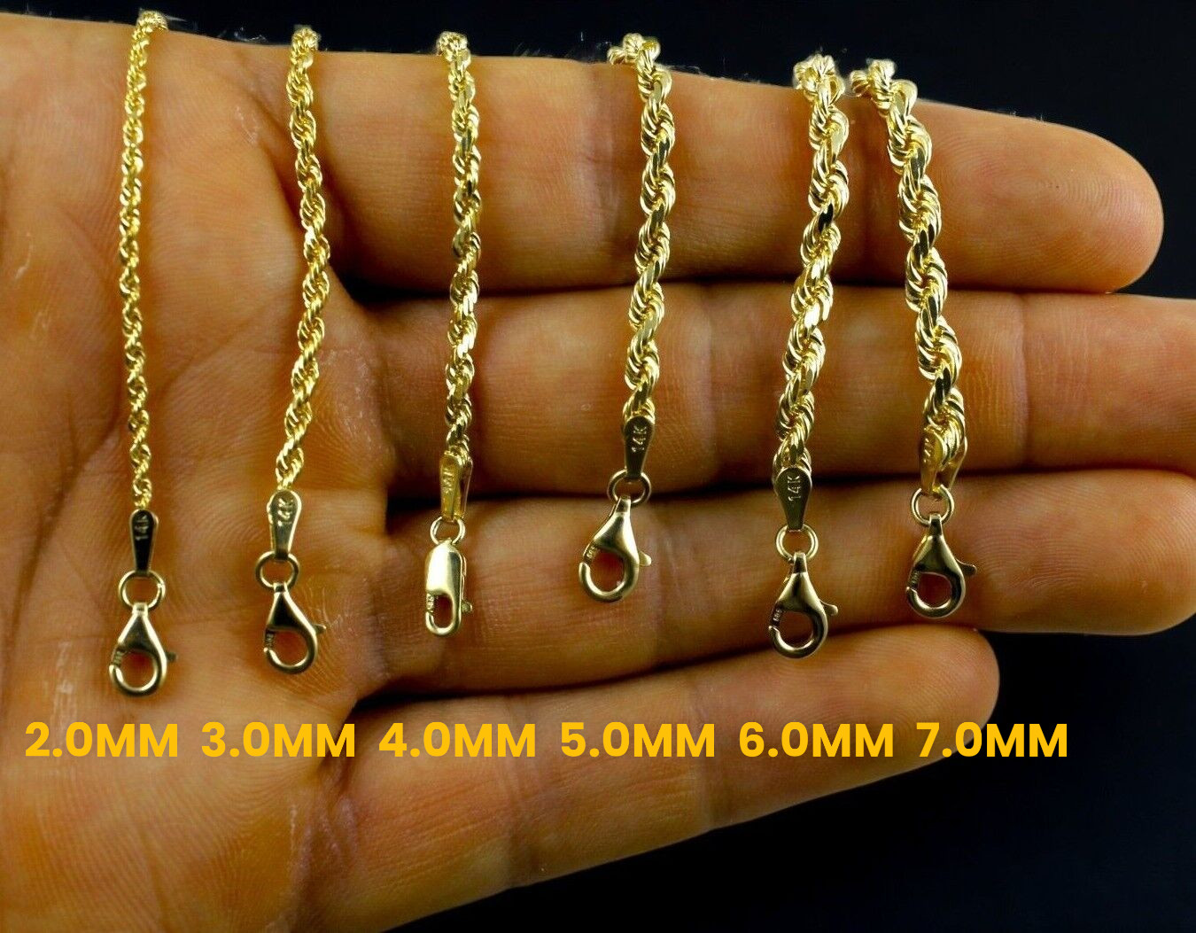 14K Yellow Gold 1mm-10mm Rope Chain Necklace Diamond Cut All Sizes Real