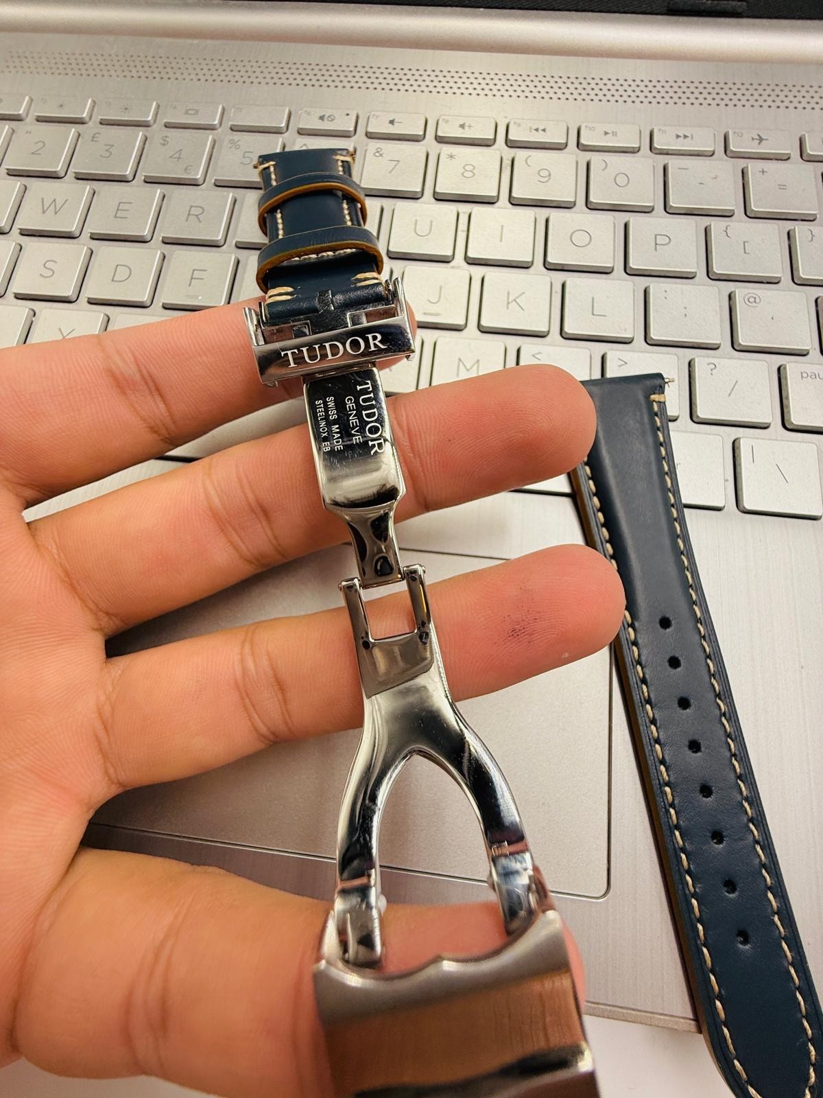 Tudor 22mm Dark Blue Leather Watch Strap With Silver Deployment Clasp Solid