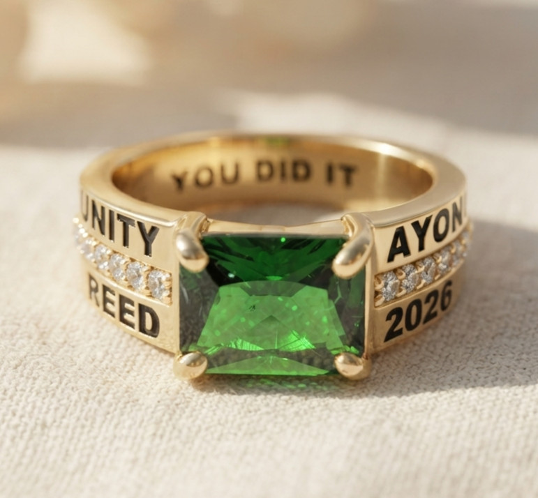 University Name Year Inside Engraved Custom Emerald BirthStone Class Ring Gift