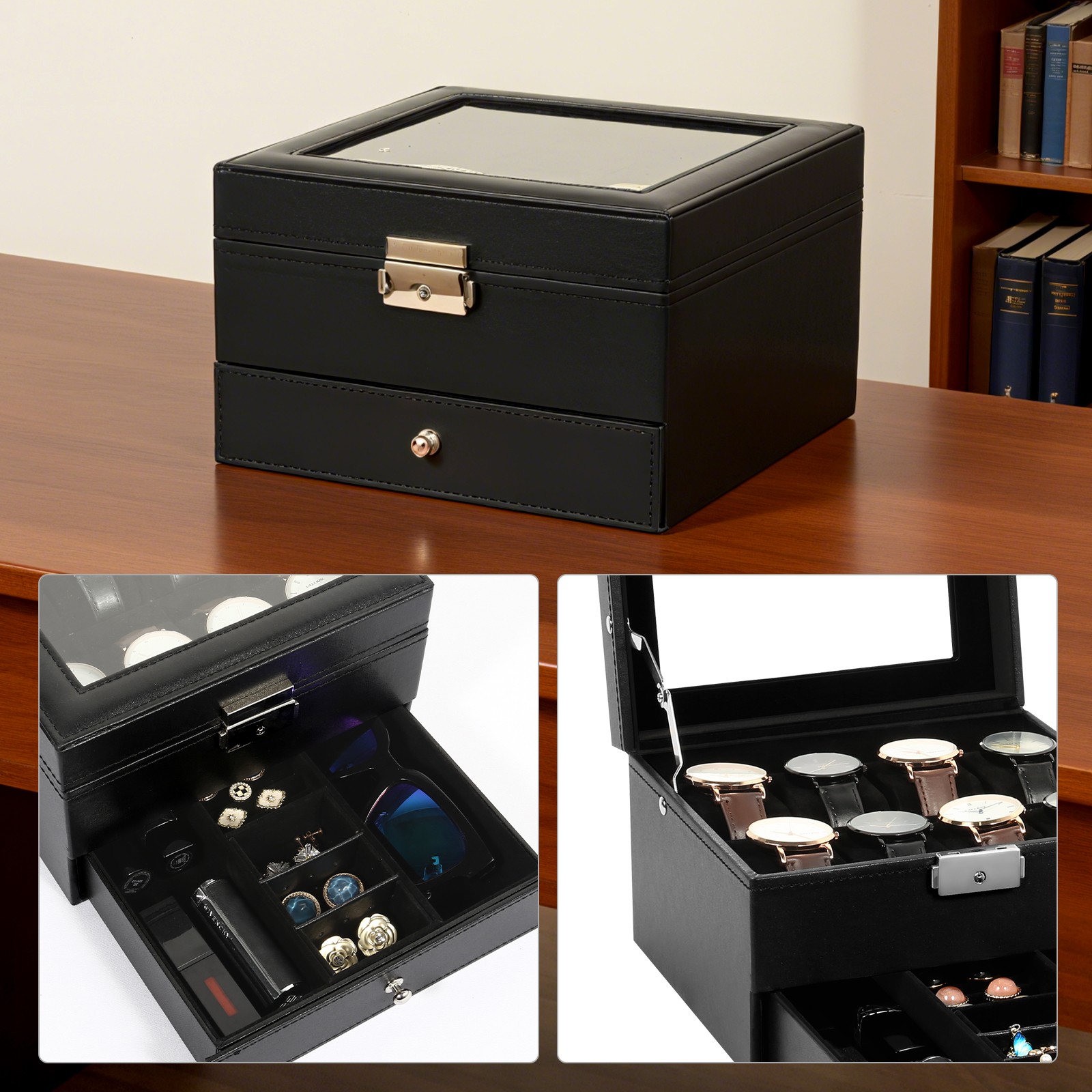 8-Slot Watch Box Lockable Watch Case 2 Layers with 1 Drawer for Rings Watch Gift