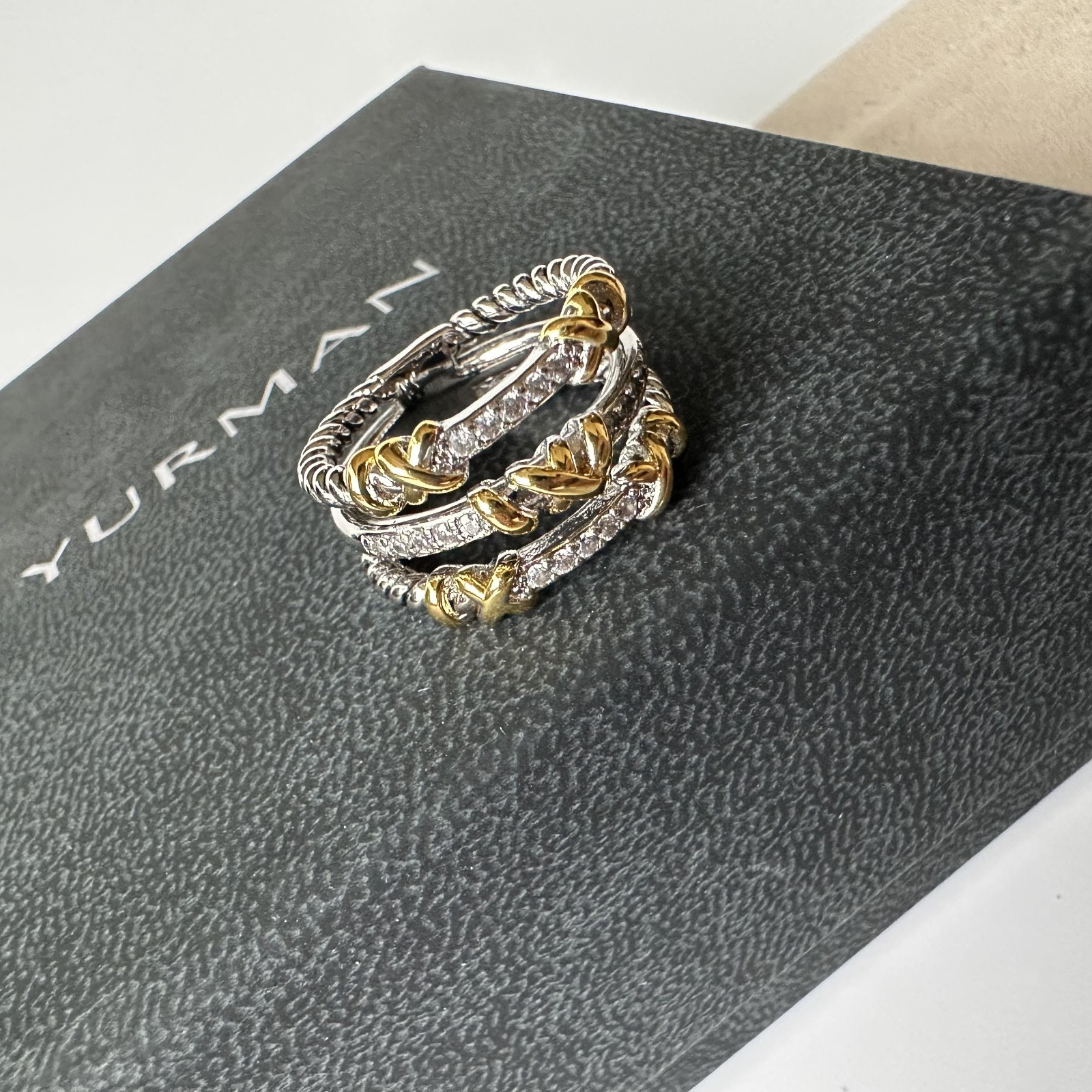 David Yurman Three Row Ring Sterling Silver & 18K Yellow Gold and Diamonds SZ 6