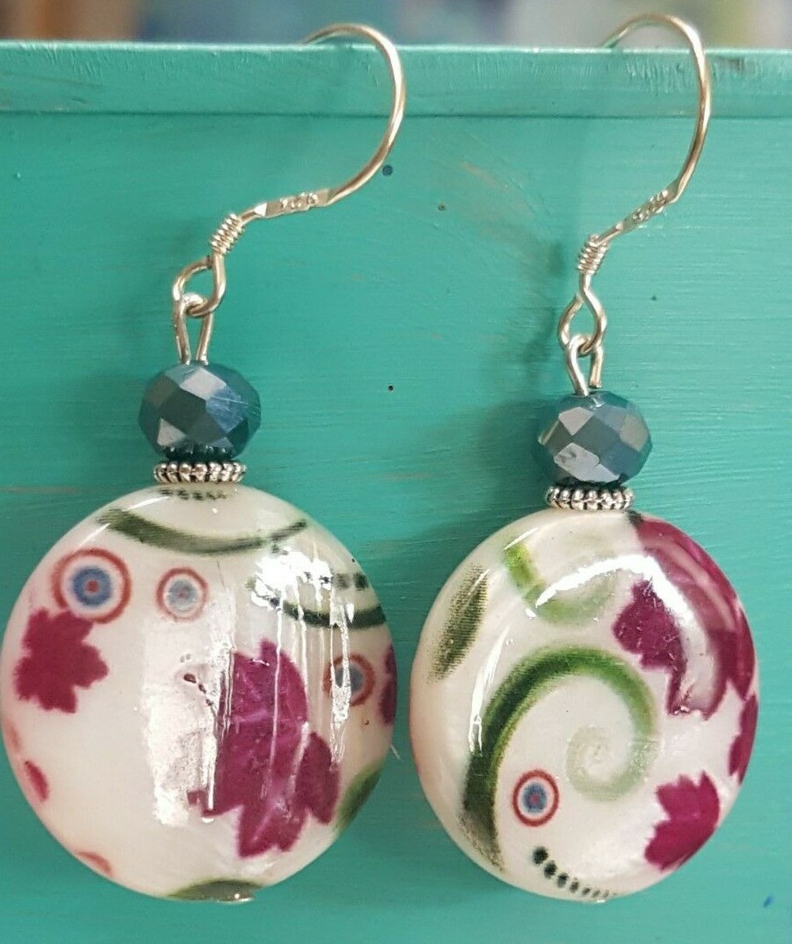 Handmade in USA. Beautiful painted Round Mother of Pearl earrings -FREE SHIPPING