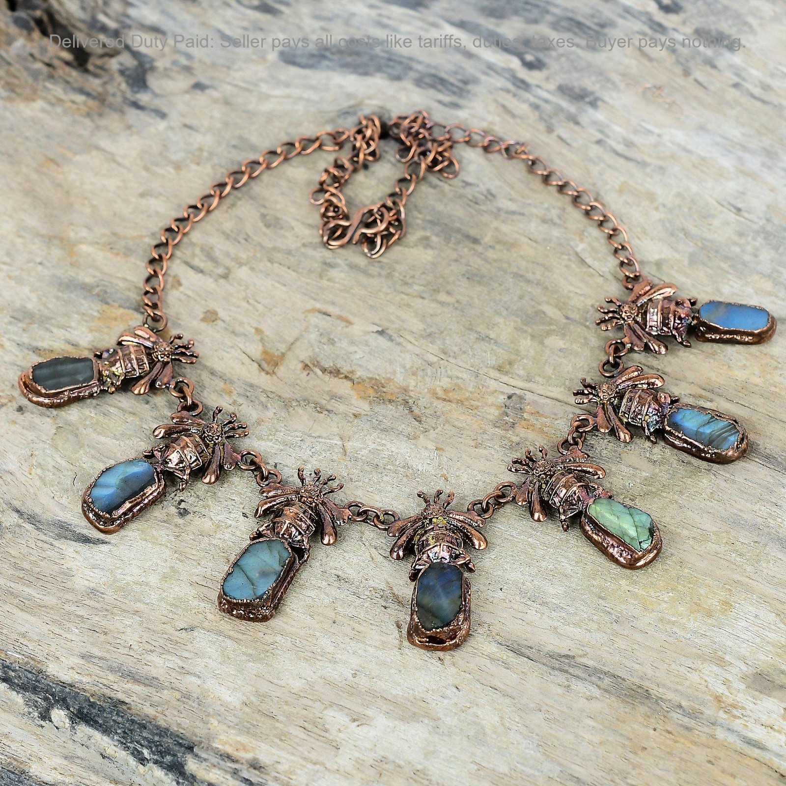 Copper Natural Labradorite Rough Chain Electroformed And Honey Bee Wife Necklace