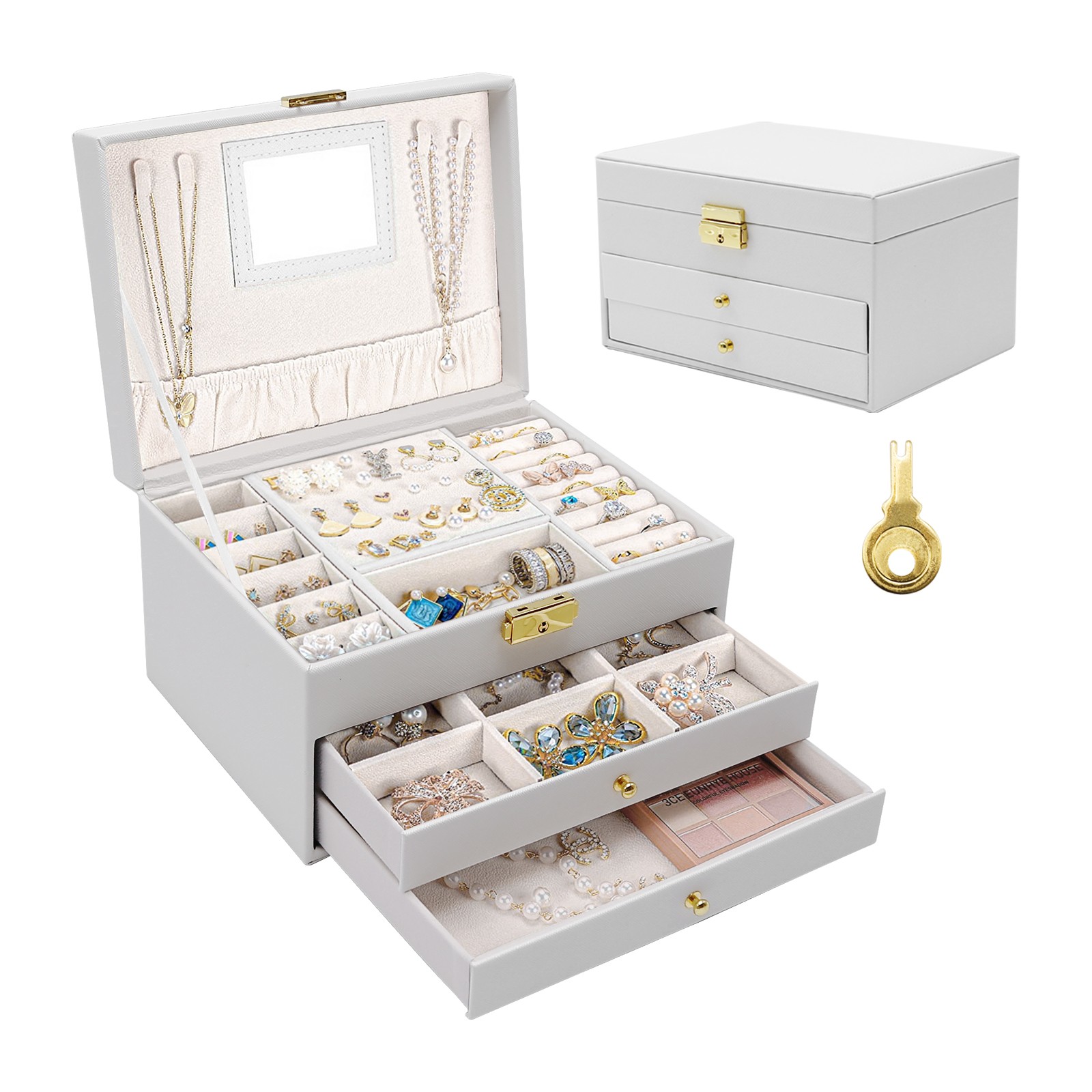 White 3-Layer Jewelry Box Portable Travel Storage Case with Mirror & Lock Key