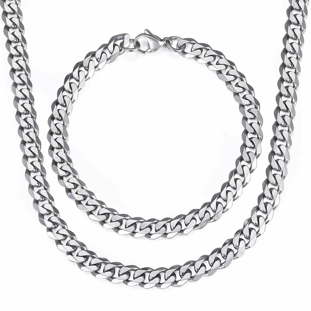 7MM Necklace Bracelet Set Curb Cuban Link Stainless Steel Chain Silver For Men