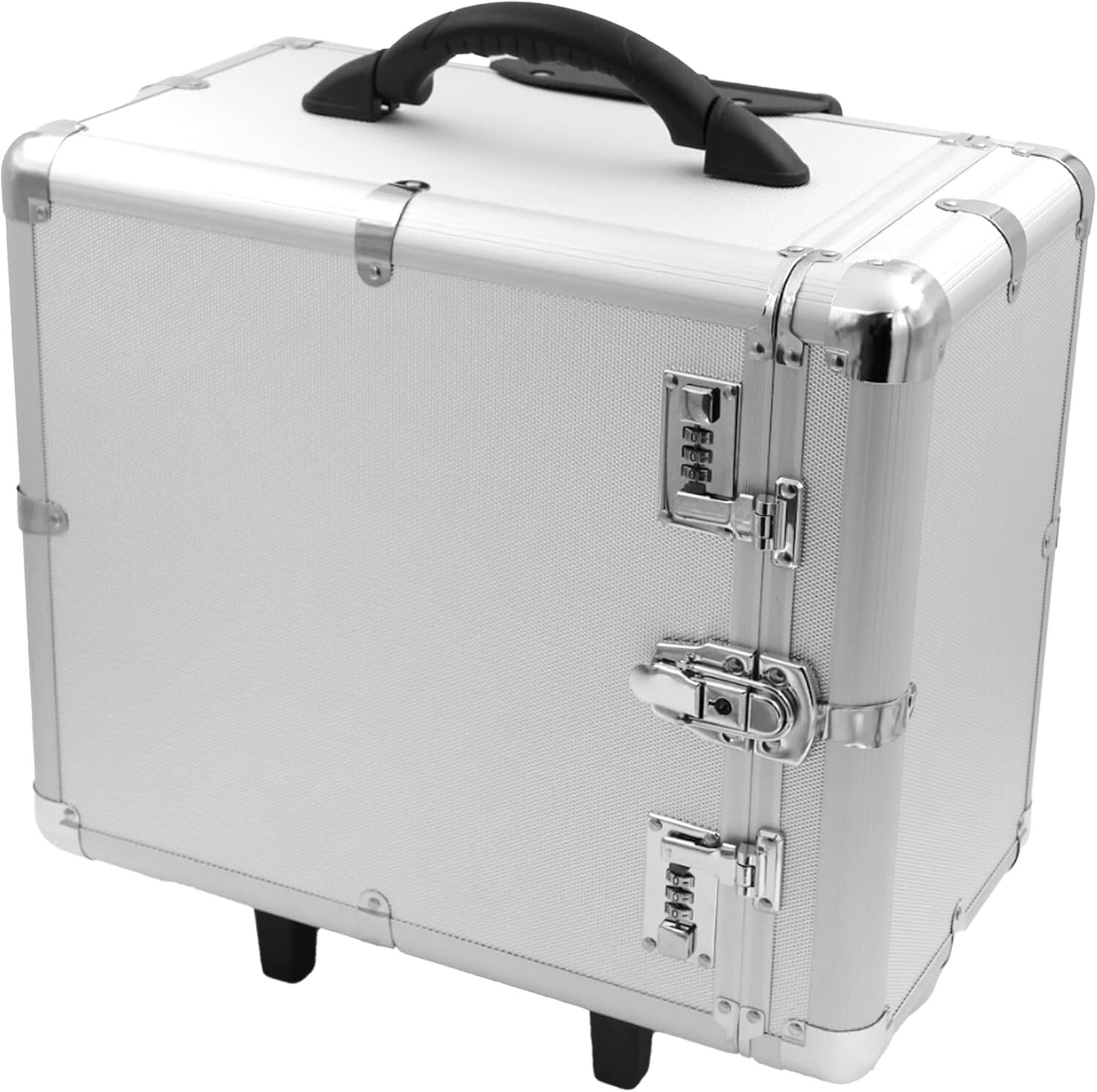 Aluminum Jewelry Storage Organizer Case w 12 Black Trays Rolling 16 3/8″ Lock
