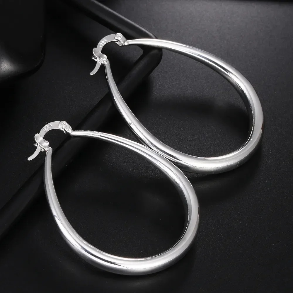 Womens 925 Sterling Silver Elegant Oval Shaped Extra Large Hoop Earrings