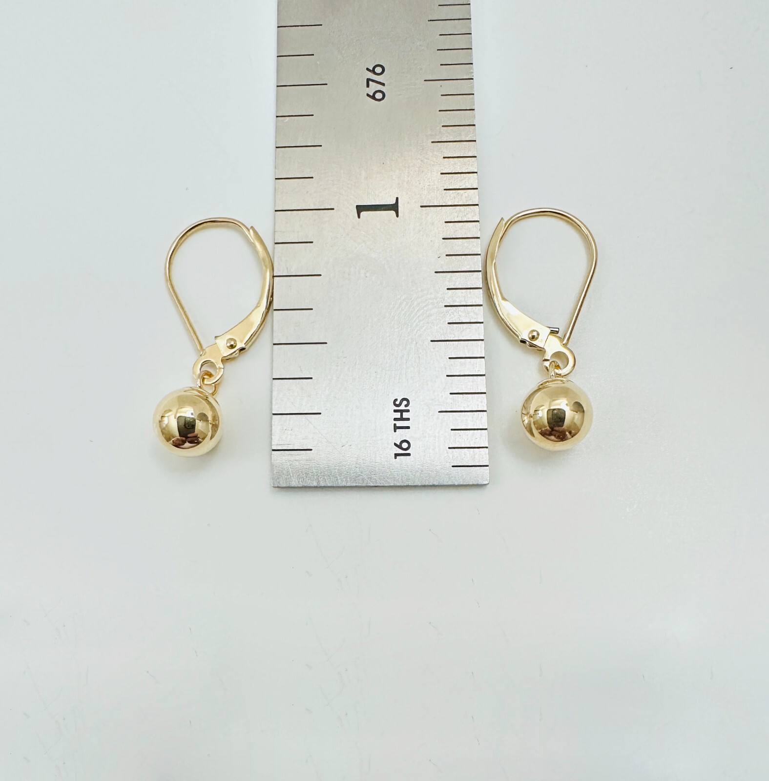 14K Solid Yellow Gold 6mm Ball Bead Drop/Dangle Leverback Earrings 23mm .90″