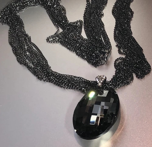 14K Black Rhodium Plated Big Oval Pendant Long Sweater Chain Necklace Gorgeous