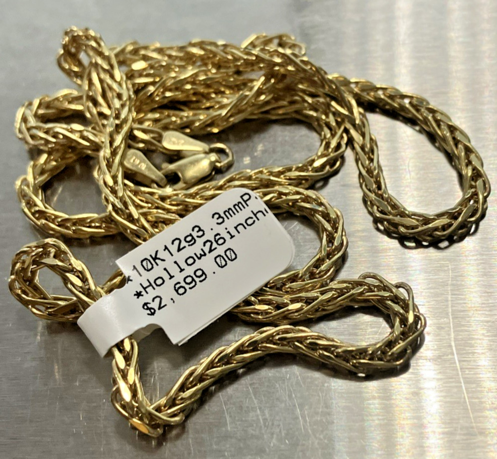 10kt Real Gold Palm Wheat Chain Semi-Solid 12grams 3.3mm 26” GND Brand NWT 10k