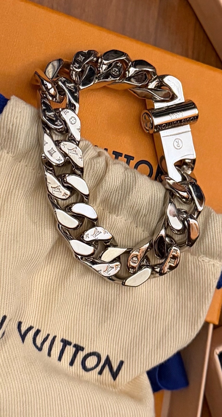 Louis Vuitton Men’s Silver Curb Link Chain Bracelet, Lobster Clasp