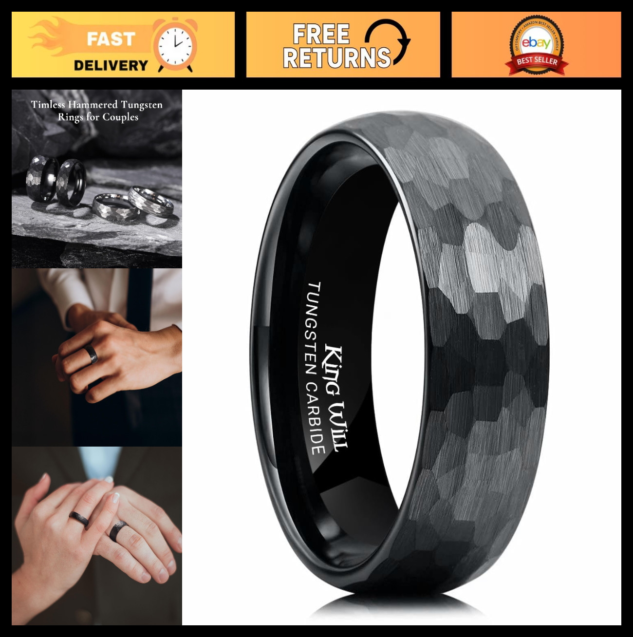 Men’s Tungsten Carbide Wedding Ring – Hammered Groove, Two-Tone, Comfort Fit, Ma