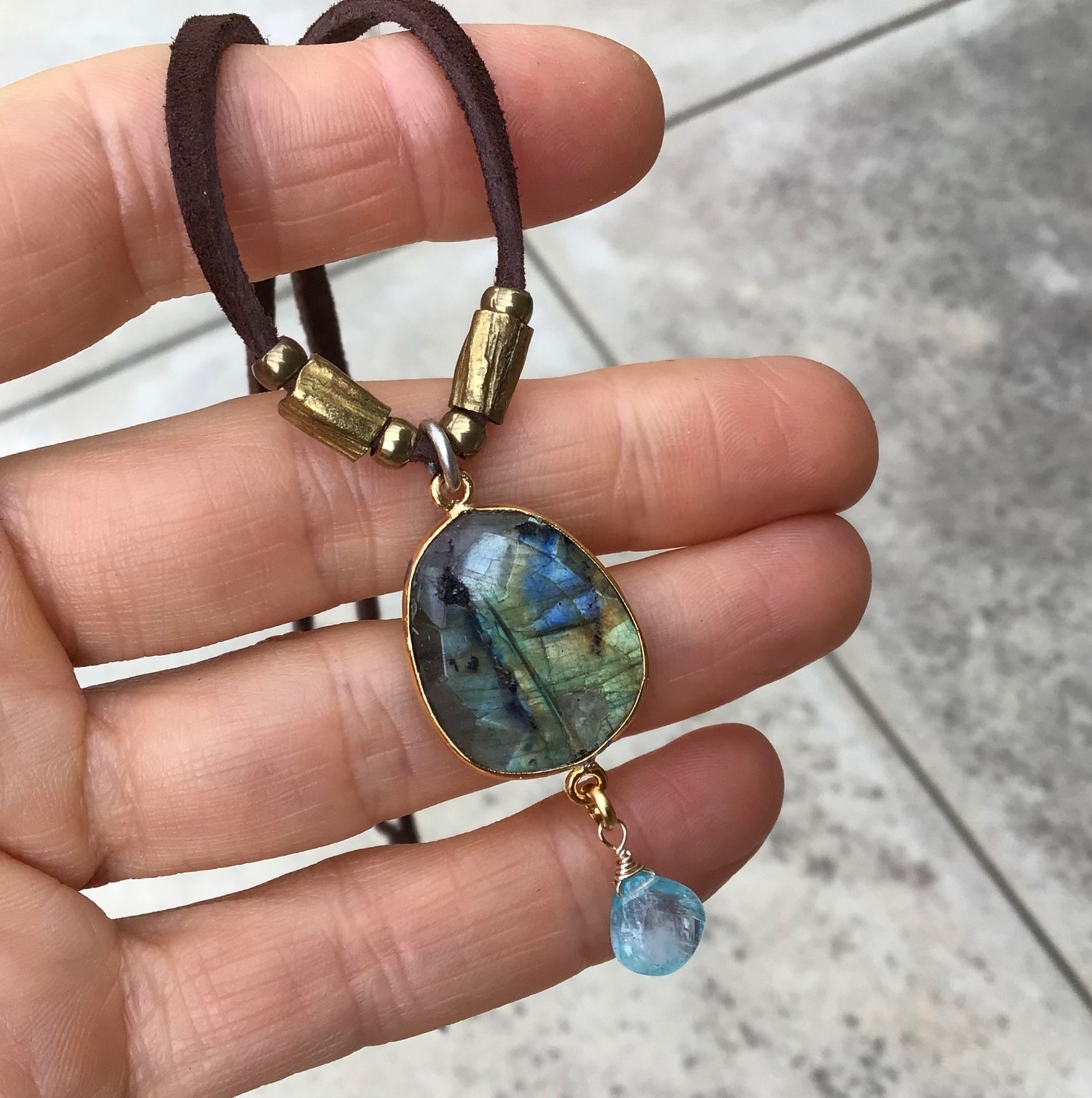 $270 Labradorite Aquamarine Sundance Charm Necklace leather suede cord jewelry