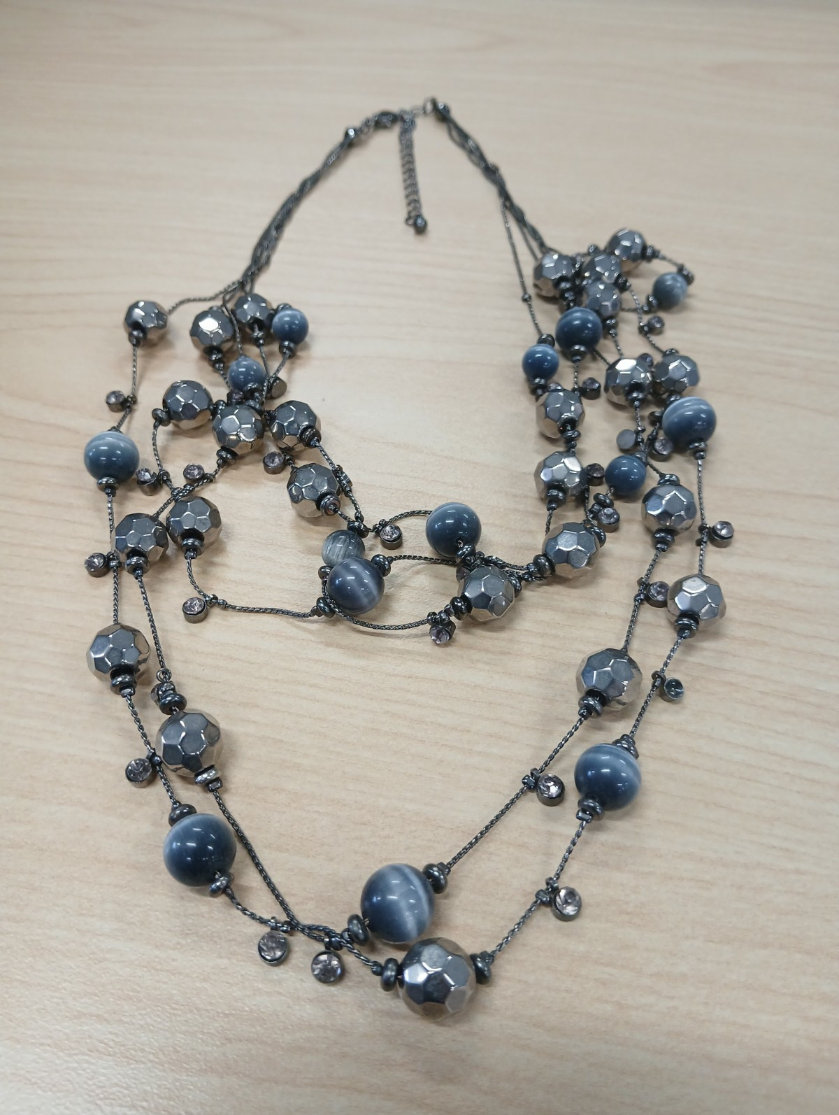 Layered Gray Glass Beaded Necklace Round Beads Silver Tone Lobster Clasp Adj