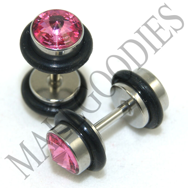 0282 Fake Cheaters Faux Illusion Plugs 16G Look 2G 6mm Steel Silver Pink Cubic
