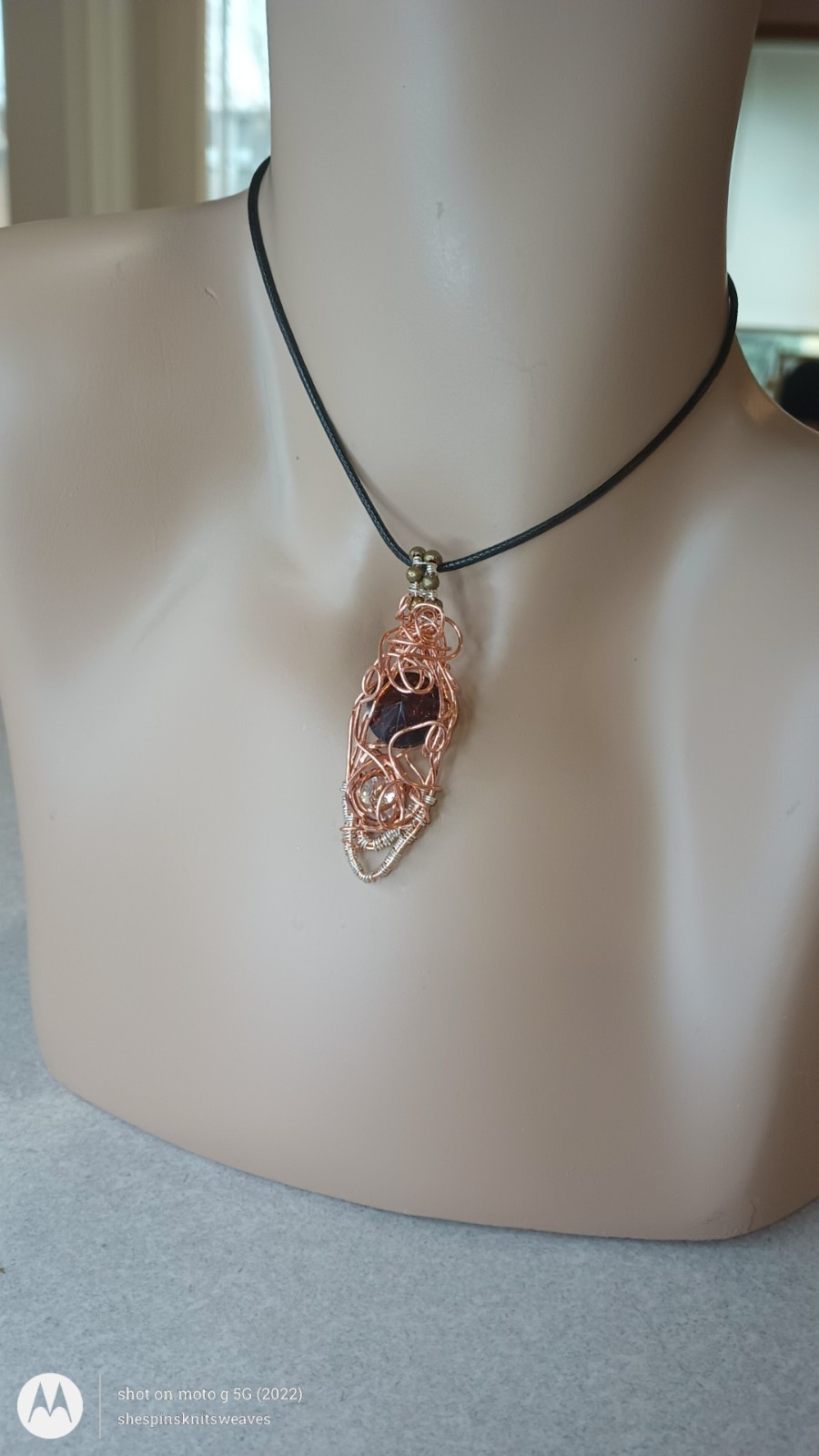 Burgandy Handmade Wire Wrapped Necklace Faceted Glass Crystal, Copper Pendant