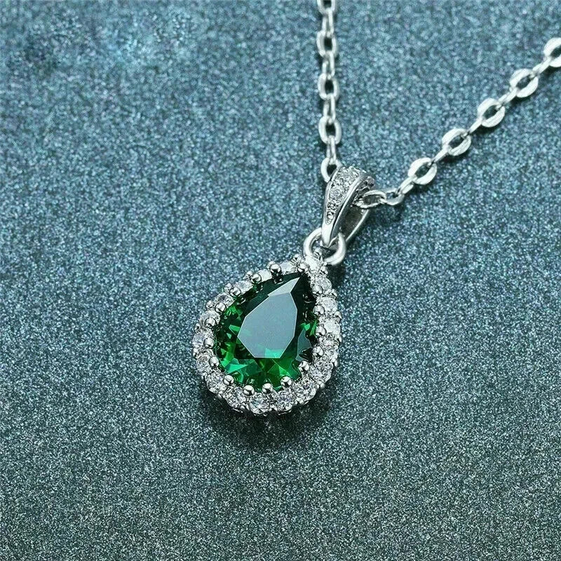 2.95 Ct Pear Cut Emerald Pendant Wedding Pendant 14k White Gold