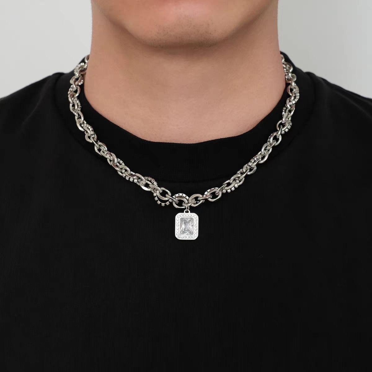 Necklace Square Zirconia Pendant Stainless Silver Unisex Street Neck Jewelry