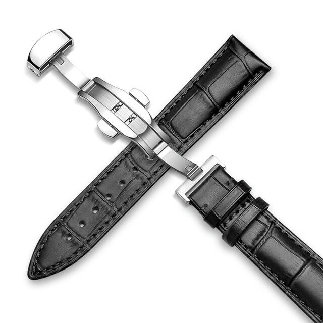 12-24MM Watch Band Strap Genuine Leather Deployment Clasp Buckle Black