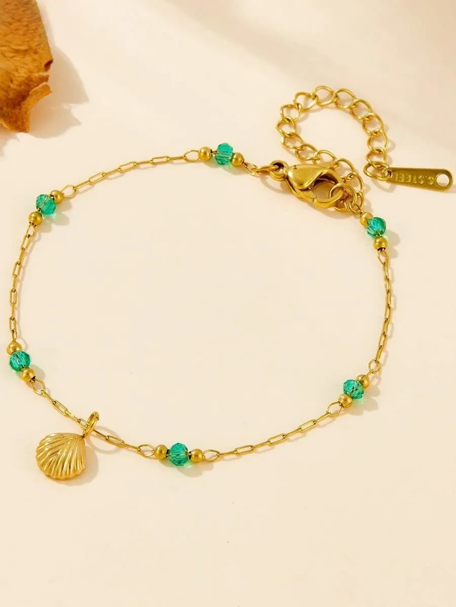 18K Gold Plated Seashell Emerald Bead Anklet Stainless Steel Women