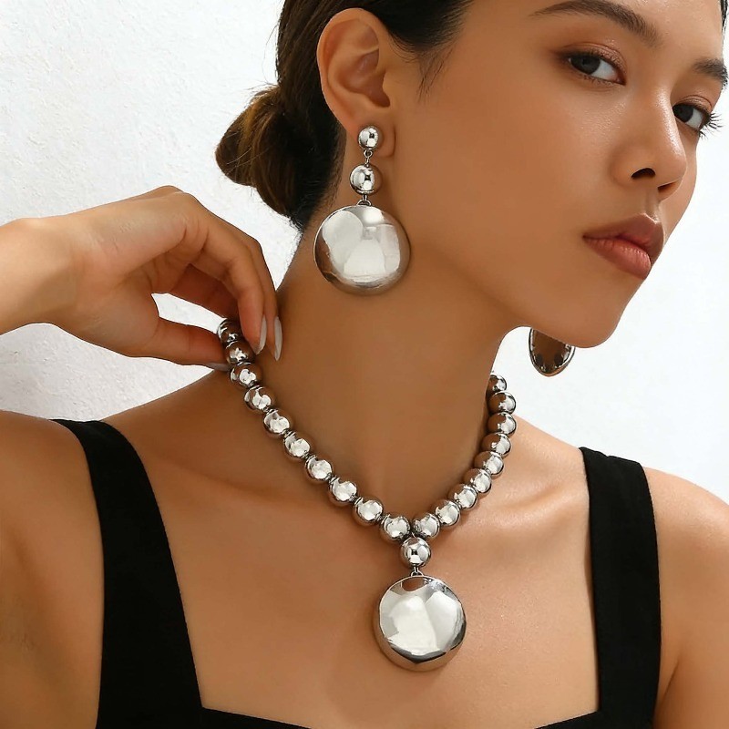 Women’s Exaggerated Large Round Bead Pendant Necklace Earring Set Acrylic