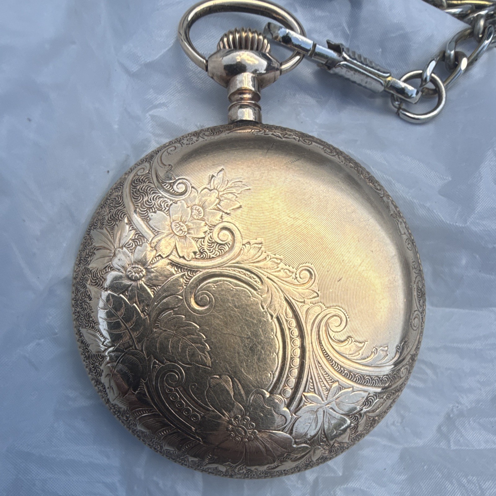 New York Standard Mechanical Open Face Pocket Watch w/ Chain, White Dial, Sec
