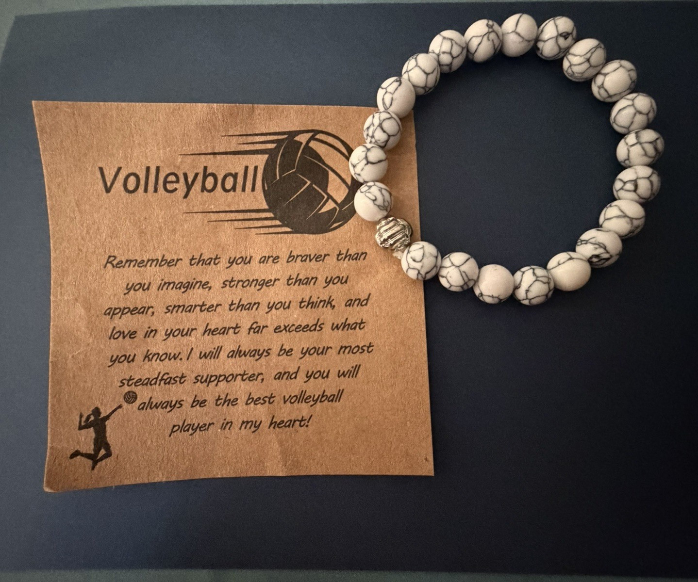 BULK set of 12 volleyball White & Black Stone Round Bead Slip-On Bracelets