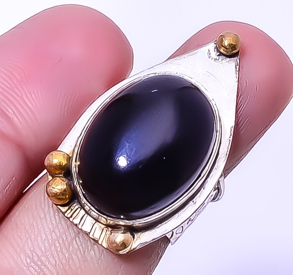 Black Onyx Gemstone Silver Handmade Two Tone Gold Plated Ring s.6 A377