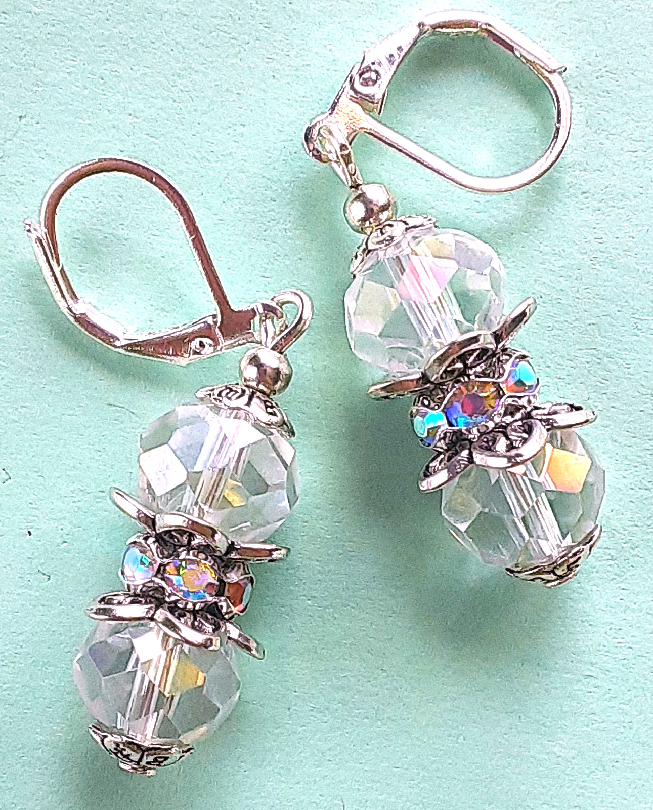 CLEAR Faceted CRYSTALS AB CRYSTAL RING earring SP LEVERBACK artisan #N25